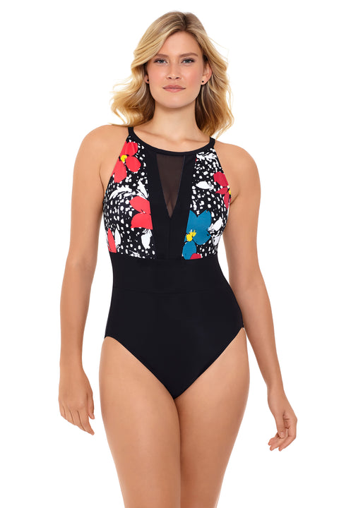 Traje de baño escote alto estampado floral con transparencia